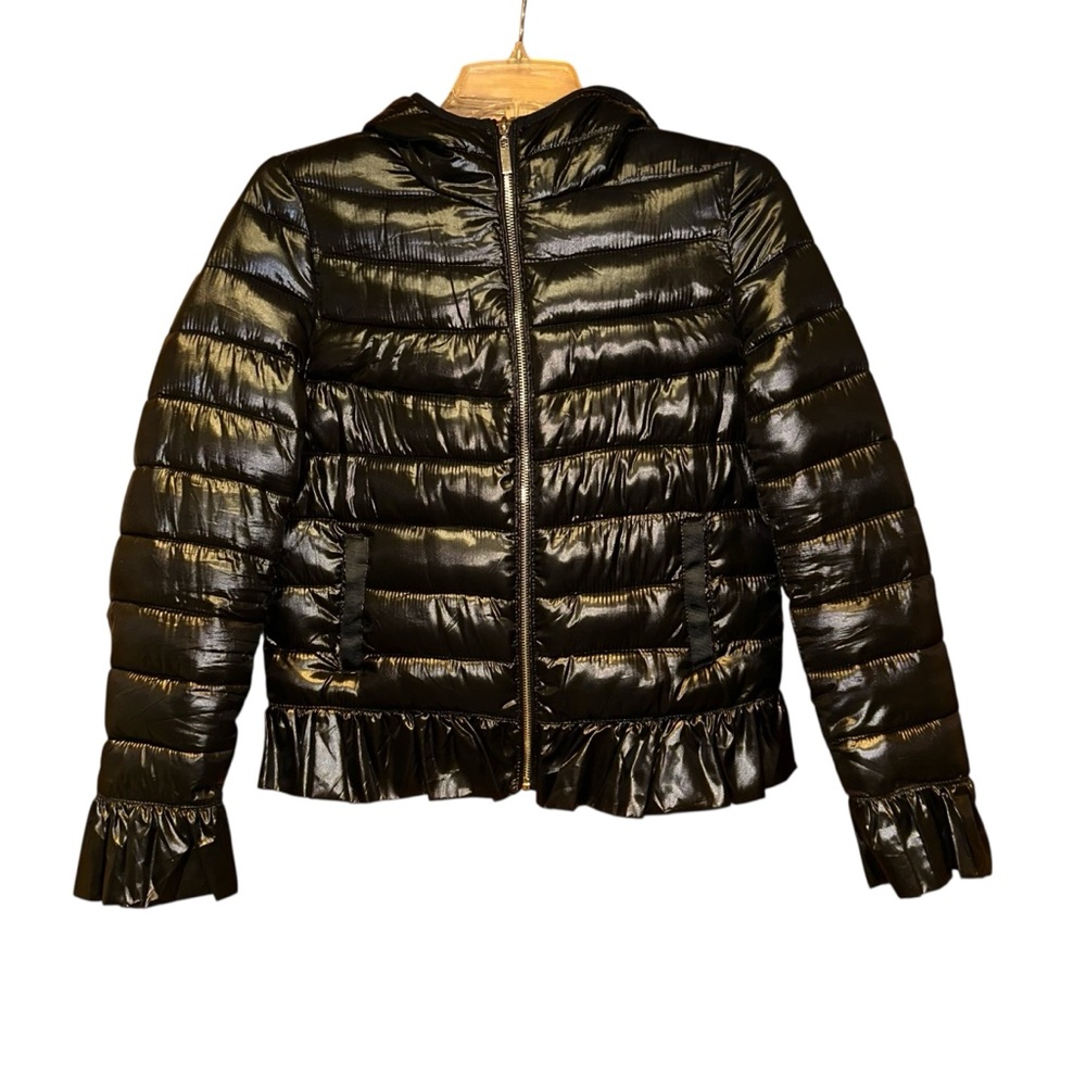 Molly Bracken Black Puffer Jacket Womens XS Hooded Crop Quilted Ruffle Hem